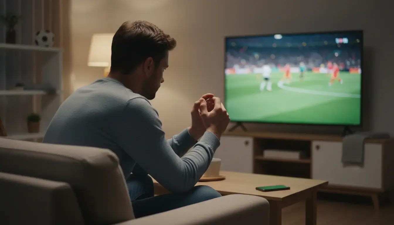 Voetbalsupporter reageert tijdens spannende wedstrijdsituatie