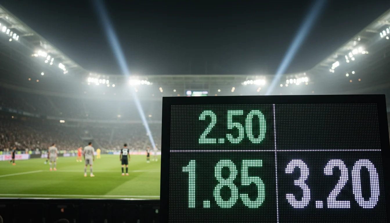 Voetbalstadion met digitale odds op scorebord tijdens live wedstrijd