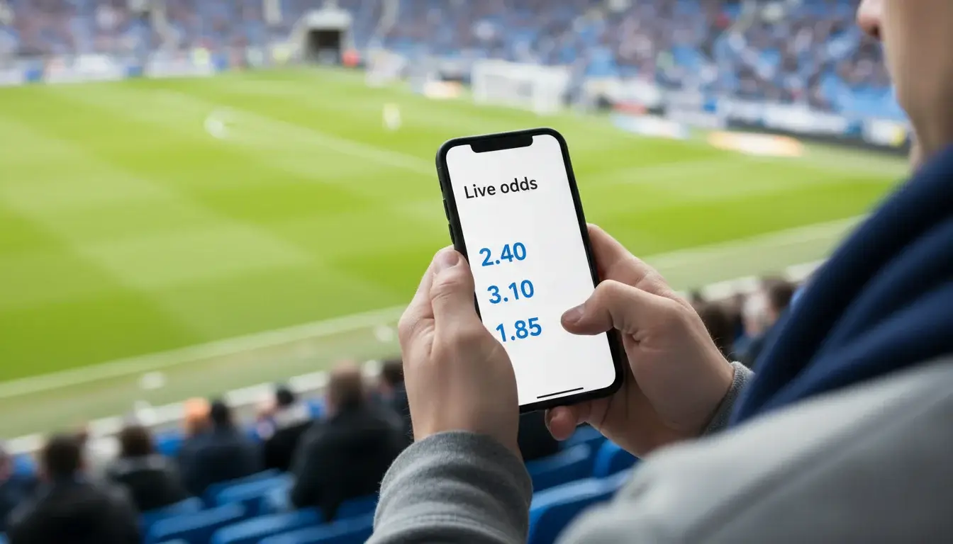 Voetbalfan bekijkt live odds op smartphone tijdens wedstrijd