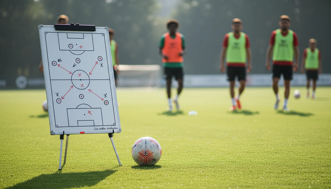 Tactisch bord met voetbalstrategie naast veld tijdens training