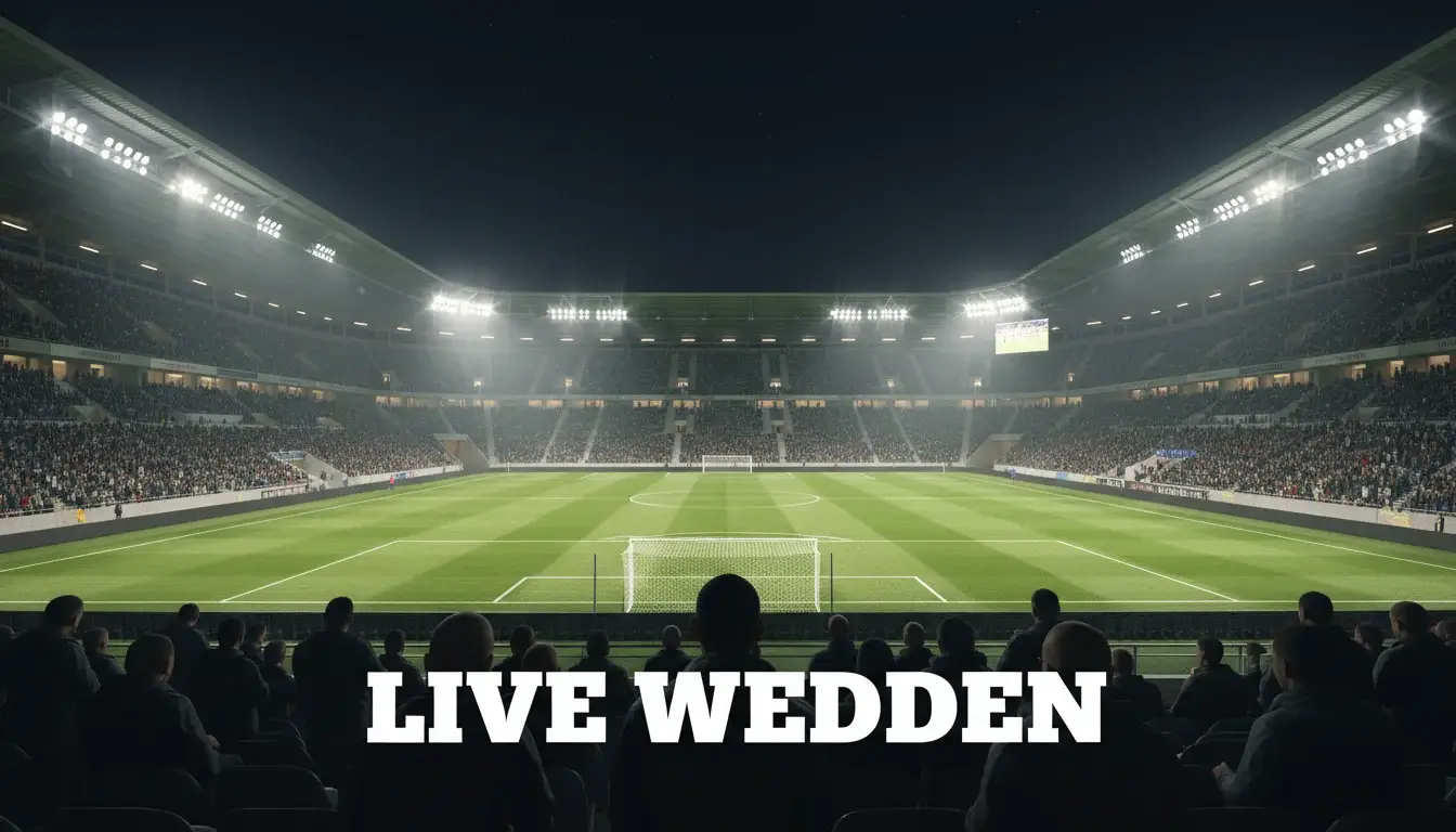 Voetbalstadion met sfeervolle verlichting tijdens een avondwedstrijd