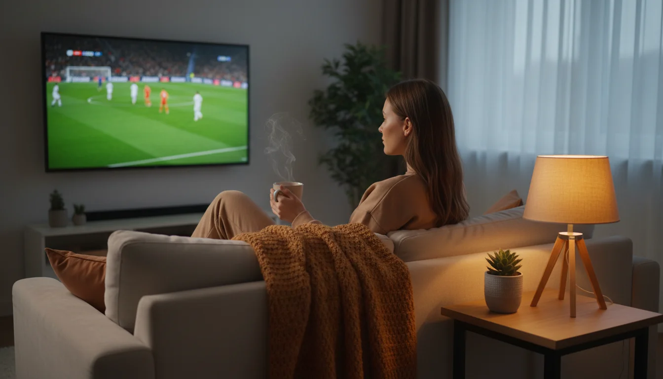 Rustige voetbalfan met kop koffie kijkt bewust naar wedstrijd op tv