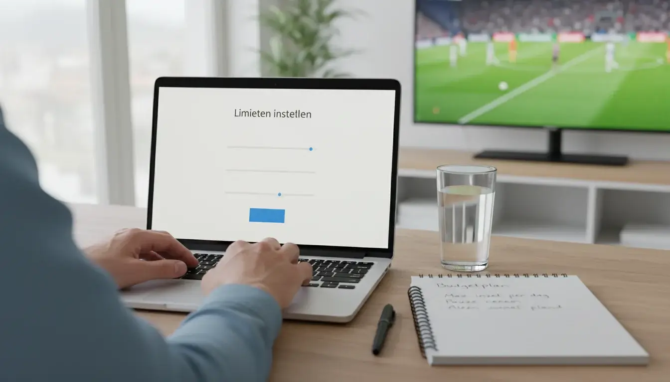 Persoon stelt bewust limieten in op laptop met voetbal op achtergrond