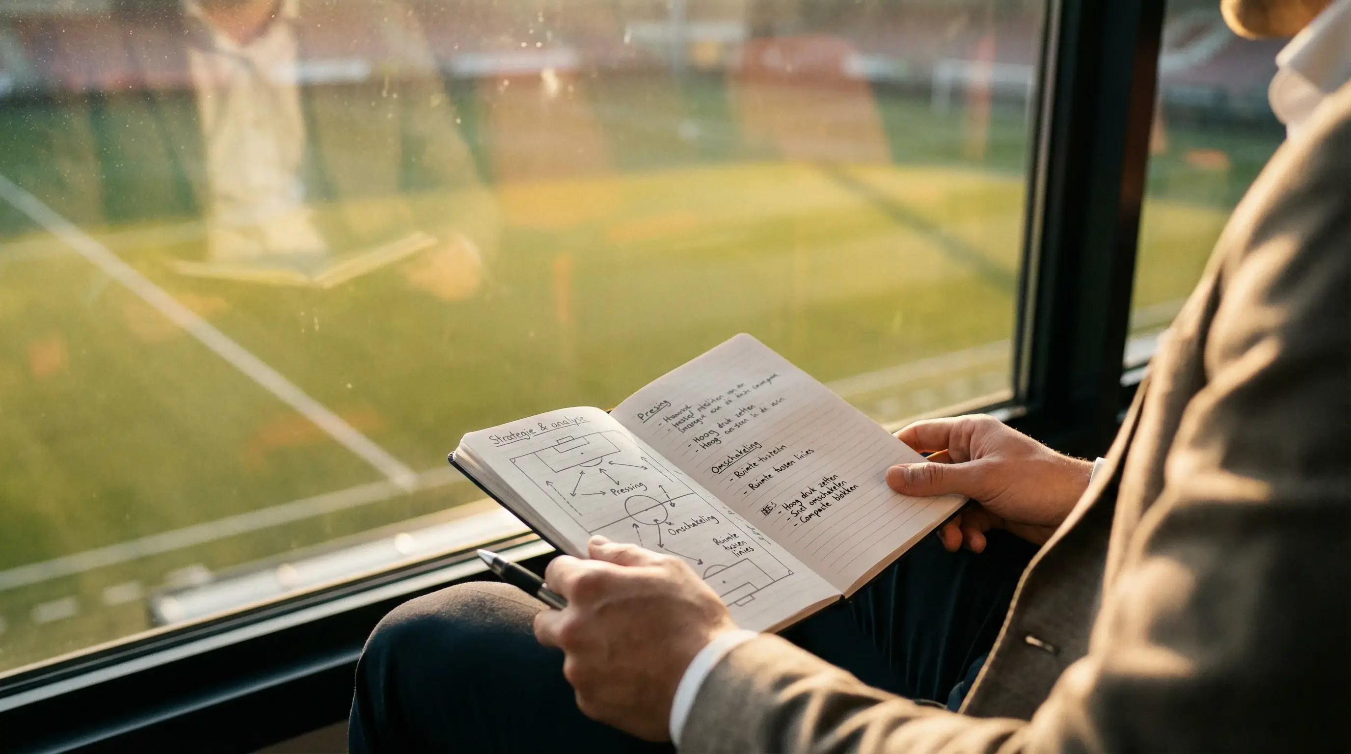 Coach analyseert voetbalwedstrijd met tactisch notitieboek